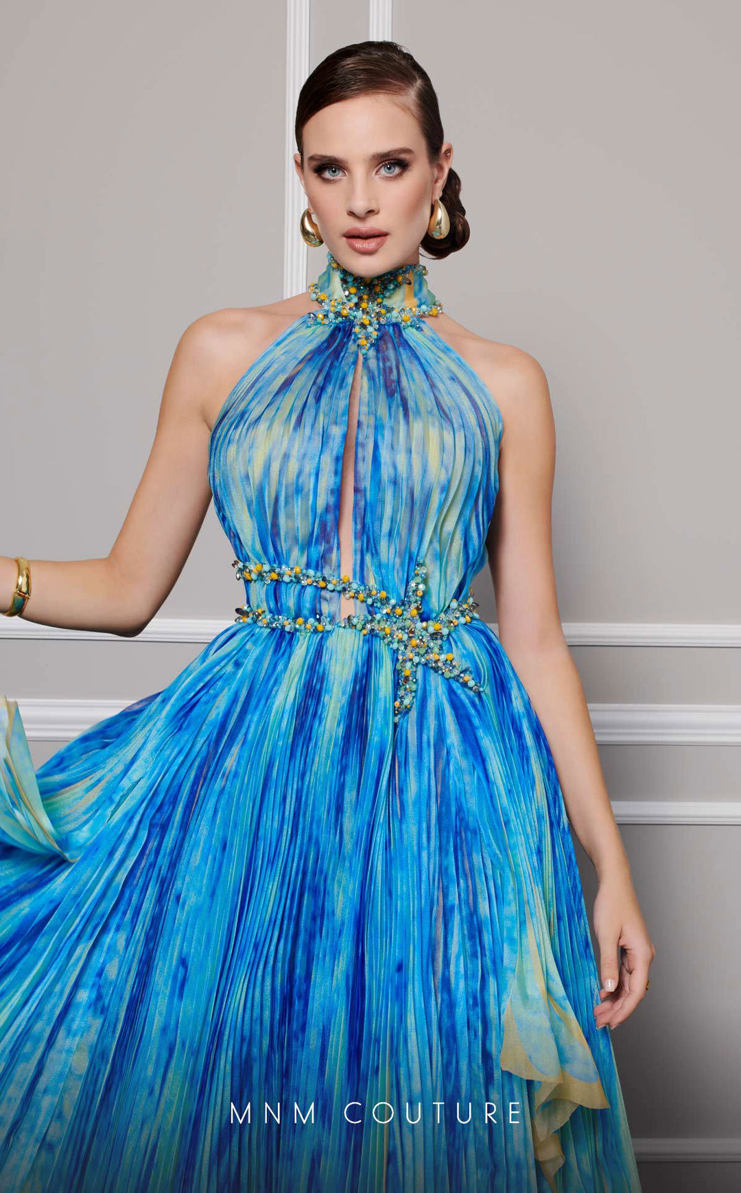 Fouad Sarkis F02822 High Halter Keyhole Pleated A-Line Evening Gown