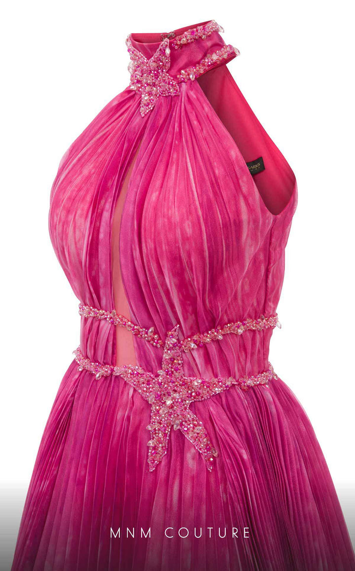 Fouad Sarkis F02822 High Halter Keyhole Pleated A-Line Evening Gown