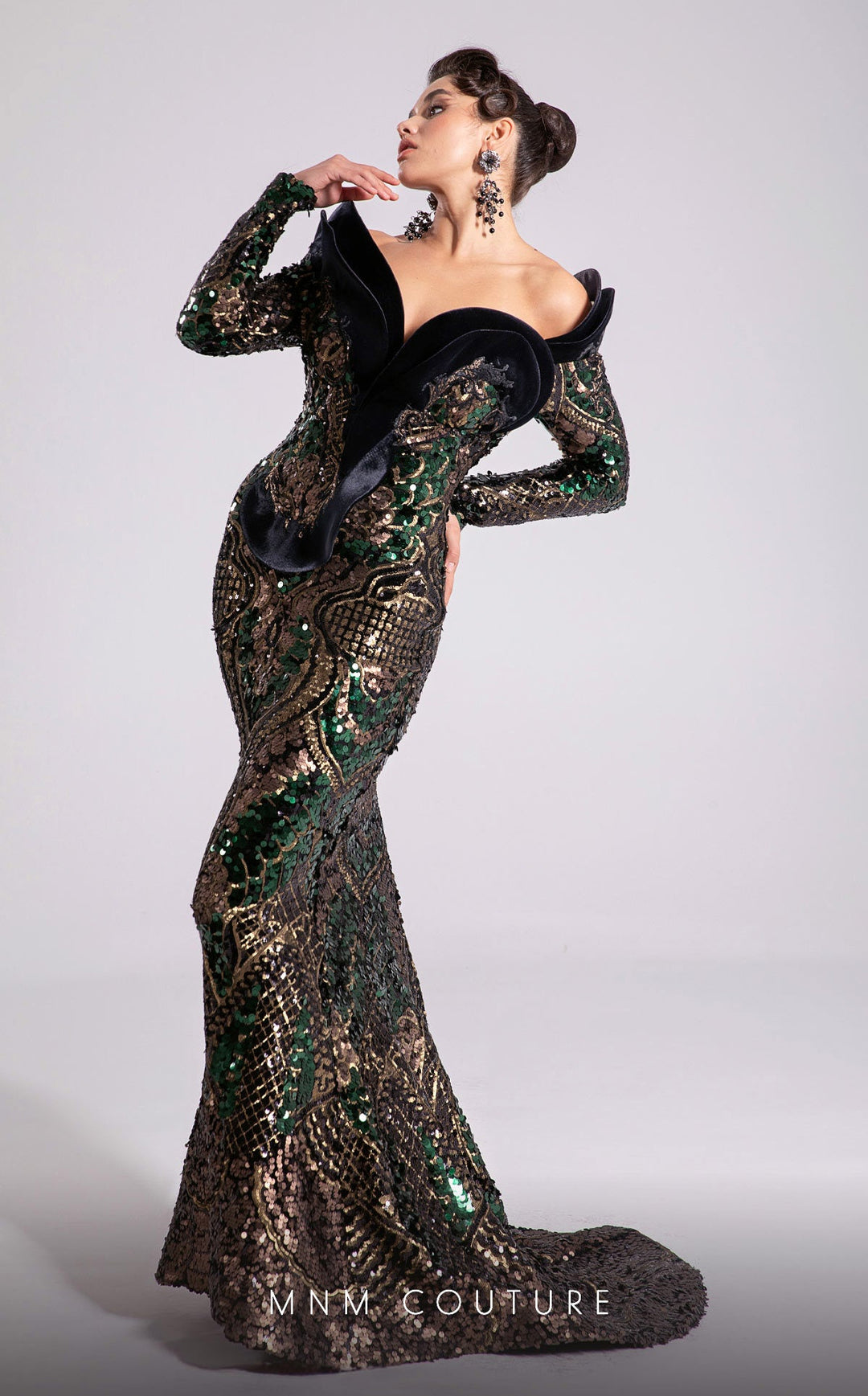 Fouad Sarkis F02896 Sweetheart Off-the-Shoulder Long-Sleeve Fitted Sheath Couture Dress