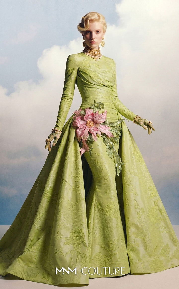 MNM Couture F02909A Pistache Floral Jacquard Gown