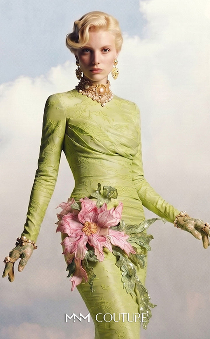 MNM Couture F02909A Pistache Floral Jacquard Gown