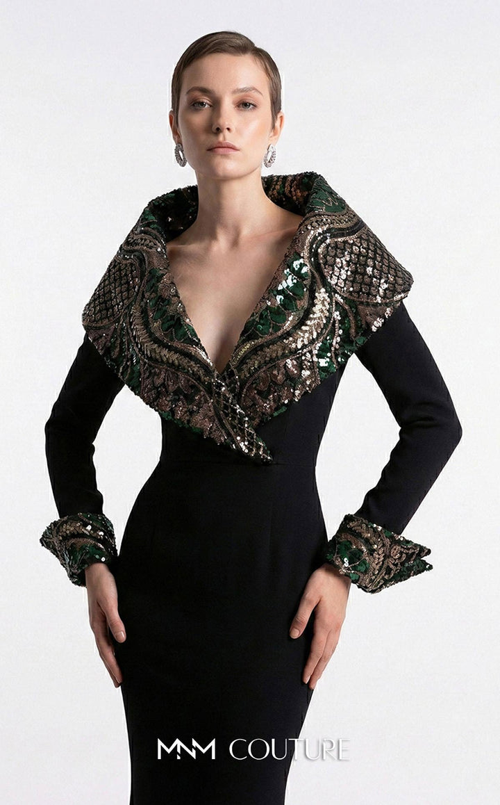 Fouad Sarkis F03019 V-Neckline Long Sleeves Mermaid Couture Dress