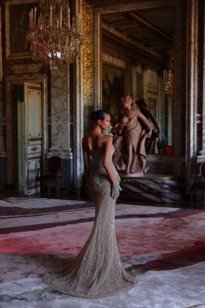 Chic & Holland HF110601 Strapless Corset Bodice Fully Beaded Patterned Matching Gloves Couture Dress