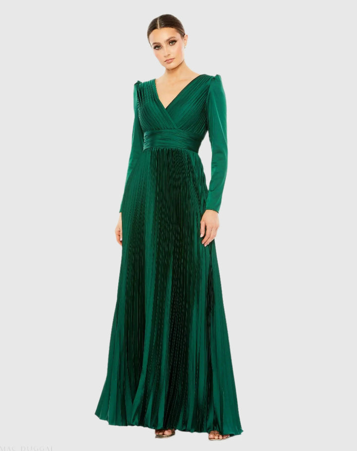 Mac Duggal 26542 Pleated Long Sleeve V-Neck Gown