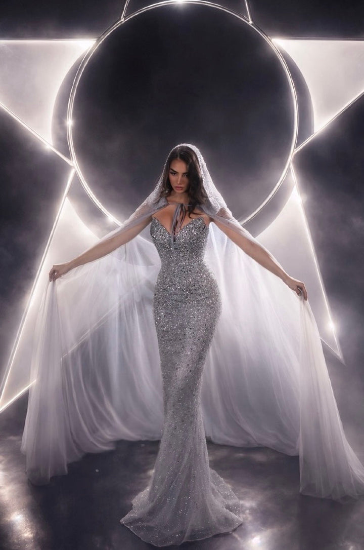 Delilah LD21191 Plunging Sequin Mermaid Gown with Crystal-Edged Hooded Cape - Grey front view