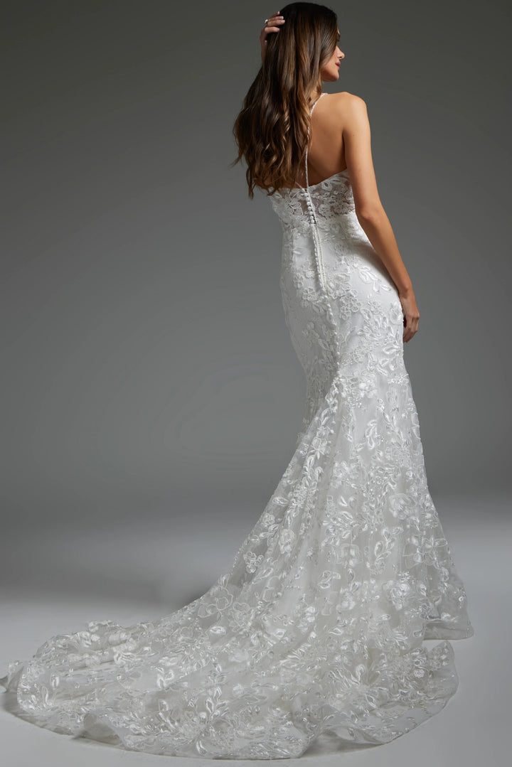 Jovani JB37538 Off White Spaghetti Straps Floral Embroidered Dress