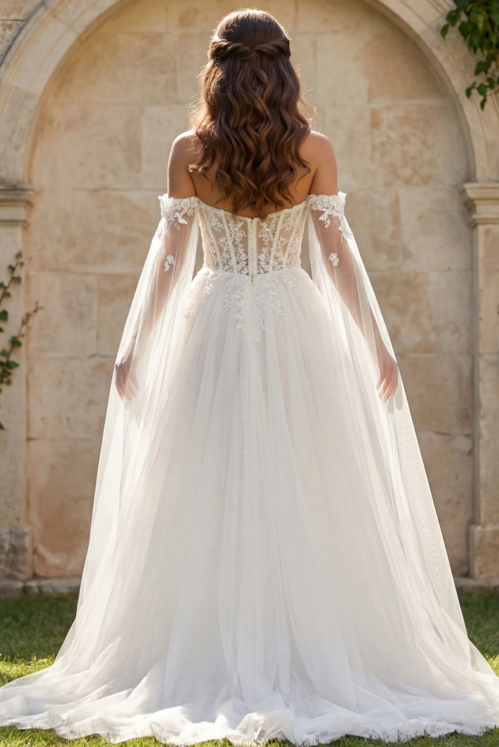 Jovani JB42480 Off the Shoulder Sheer Bridal Gown with Floral Embellishments - FOSTANI.com