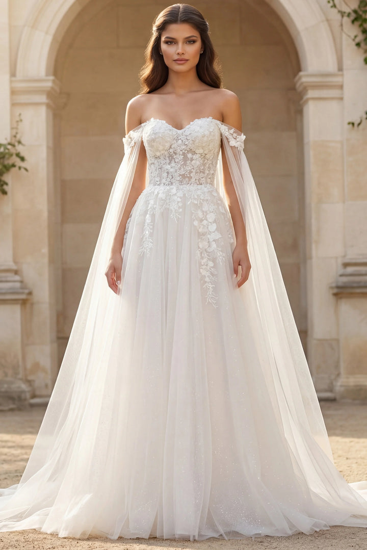 Jovani JB42481 Off the Shoulder Wedding Gown with Delicate Floral Embroidery