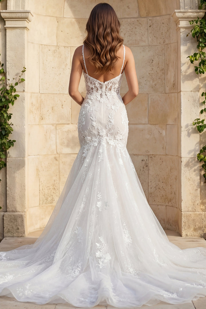 Jovani JB42484 Elegant Mermaid Lace Wedding Dress with Floral Appliqué - FOSTANI.com