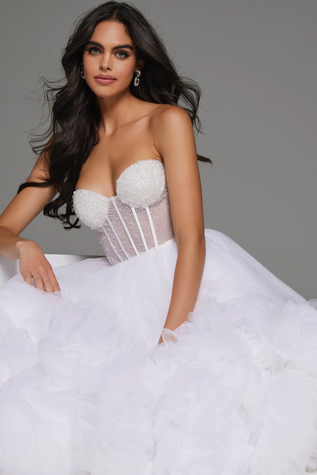 Jovani JB42782 Strapless A Line Wedding Dress with Floral Ruffle Details