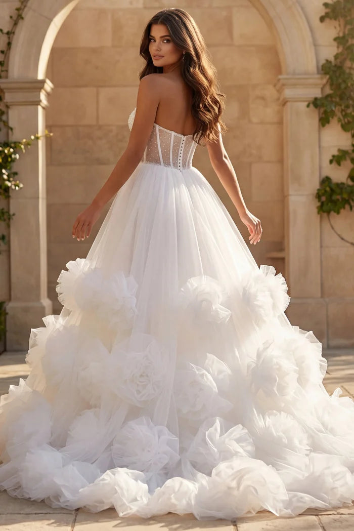 Jovani JB42782 Strapless A Line Wedding Dress with Floral Ruffle Details