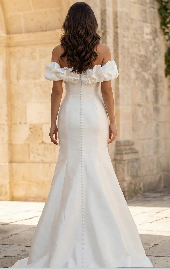 Jovani JB43896 Off the Shoulder Satin Bridal Gown with Ruffled Sleeves and Train