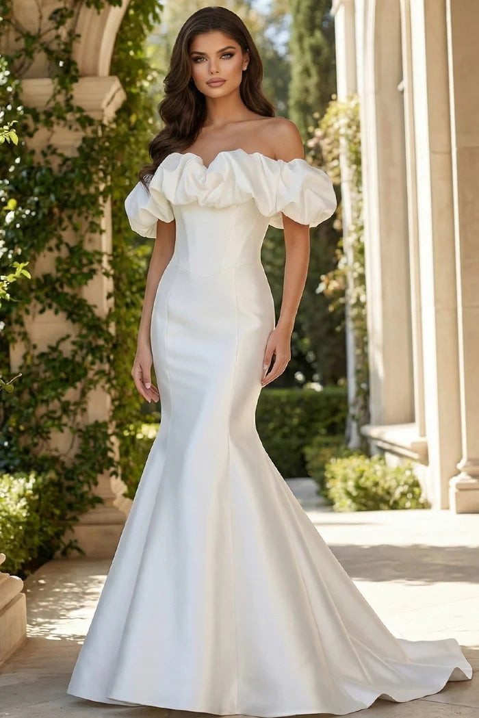 Jovani JB43896 Off the Shoulder Satin Bridal Gown with Ruffled Sleeves and Train