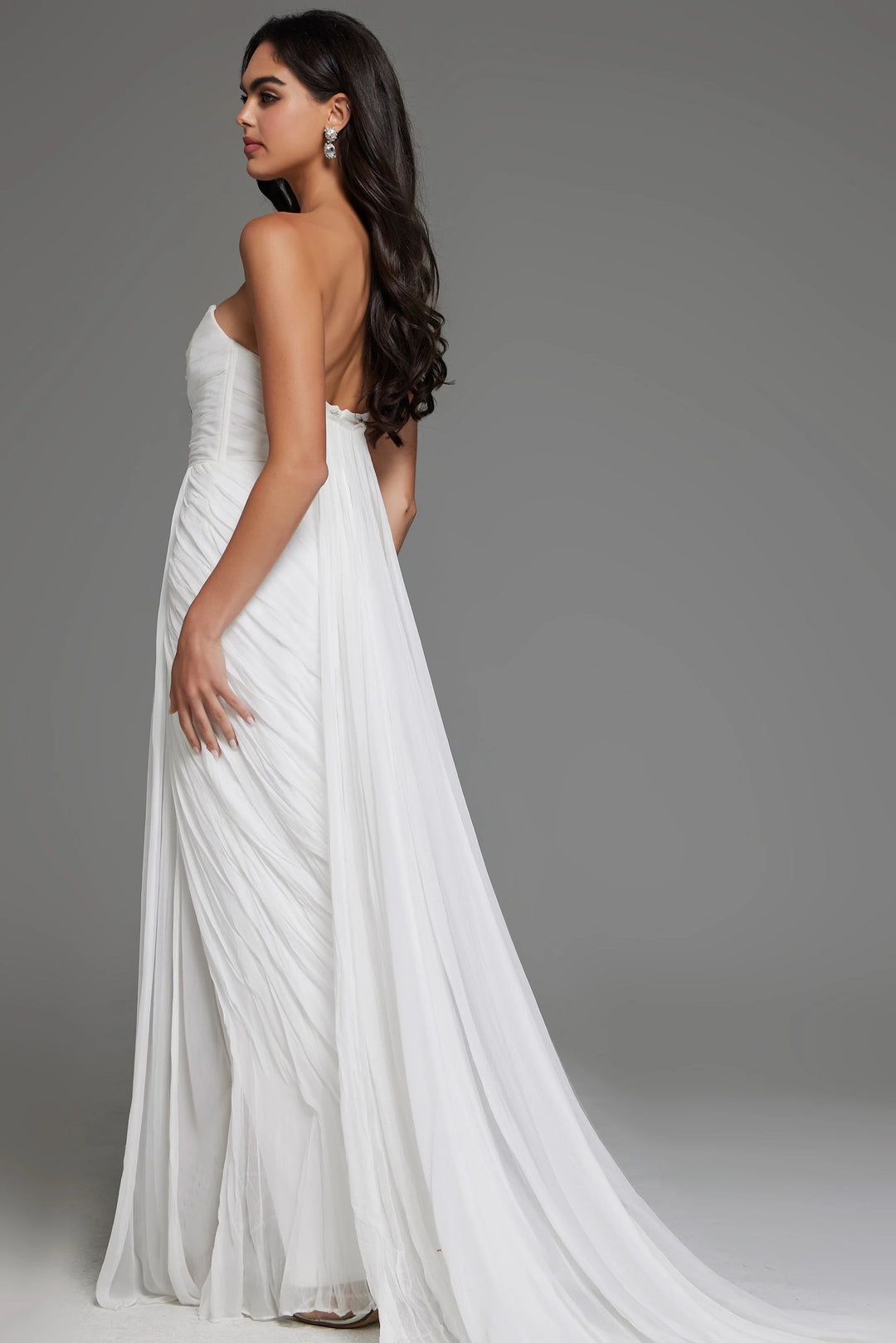 Jovani JB43897 Strapless Draped Bridal Gown with High Slit and Flowing Train