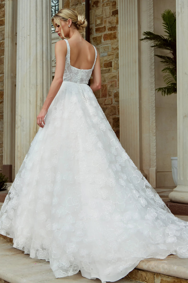 Jovani JB45834 Square Neck Lace Ballgown with Floral Appliqué