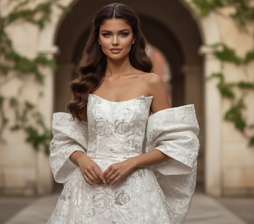 Jovani JB47701 Floral Brocade Ball Gown With Dramatic Bow Train