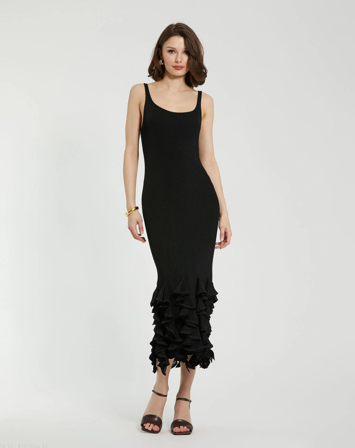Mac Duggal K13013 Rib Knit Sleeveless Midi Dress With Ruffle Hem