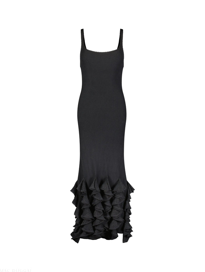Mac Duggal K13013 Rib Knit Sleeveless Midi Dress With Ruffle Hem