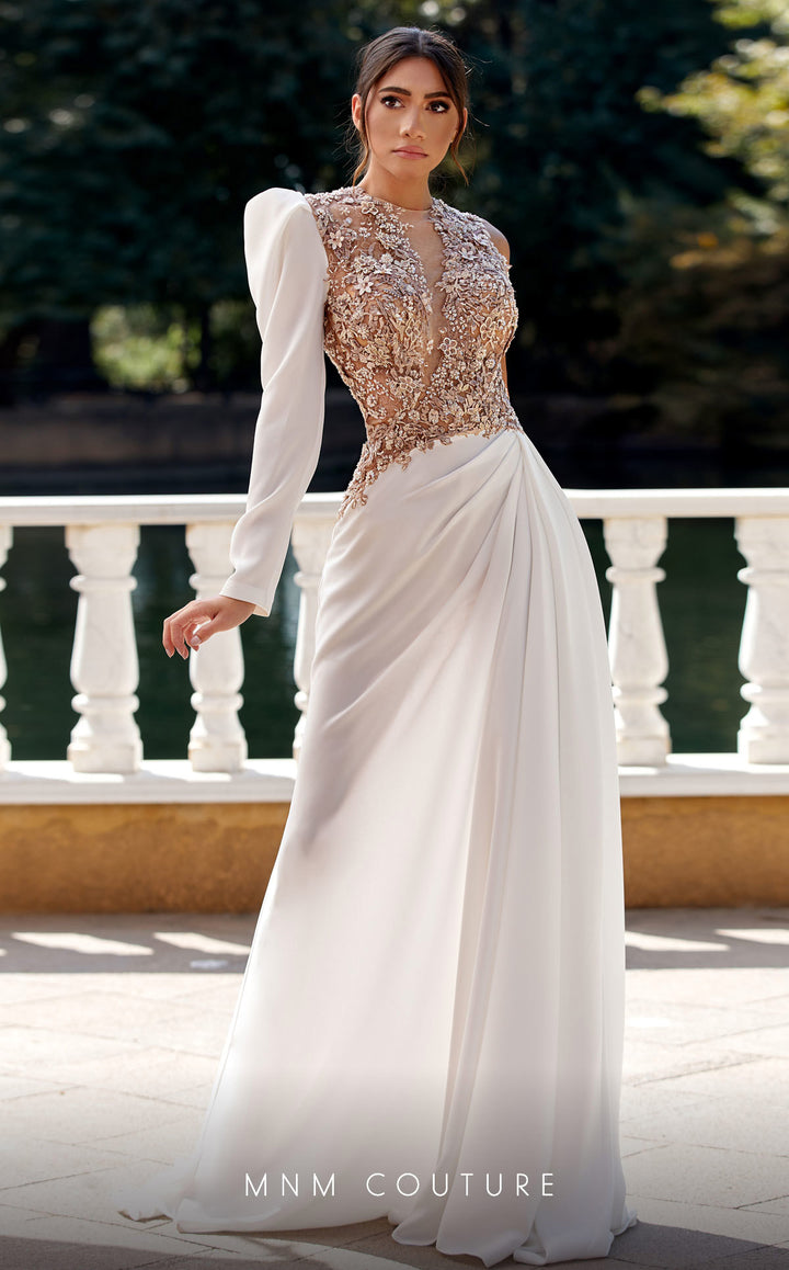 MNM Couture K3939 One Sleeve Embroidered Illusion Trumpet Evening Gown