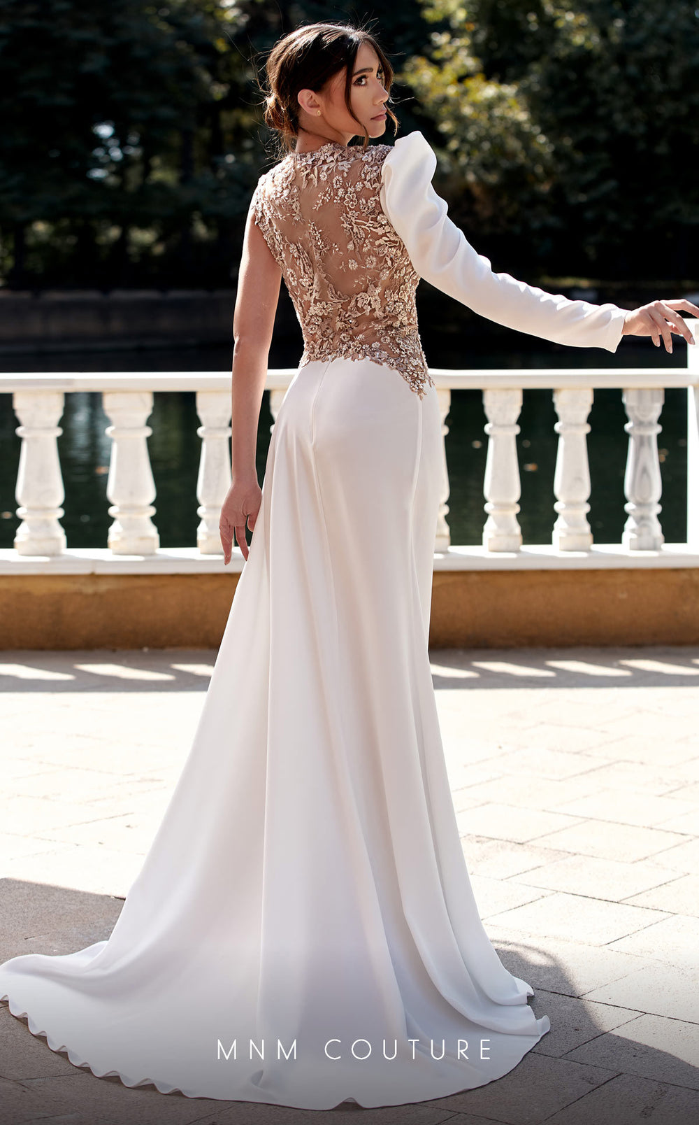 MNM Couture K3939 One Sleeve Embroidered Illusion Trumpet Evening Gown
