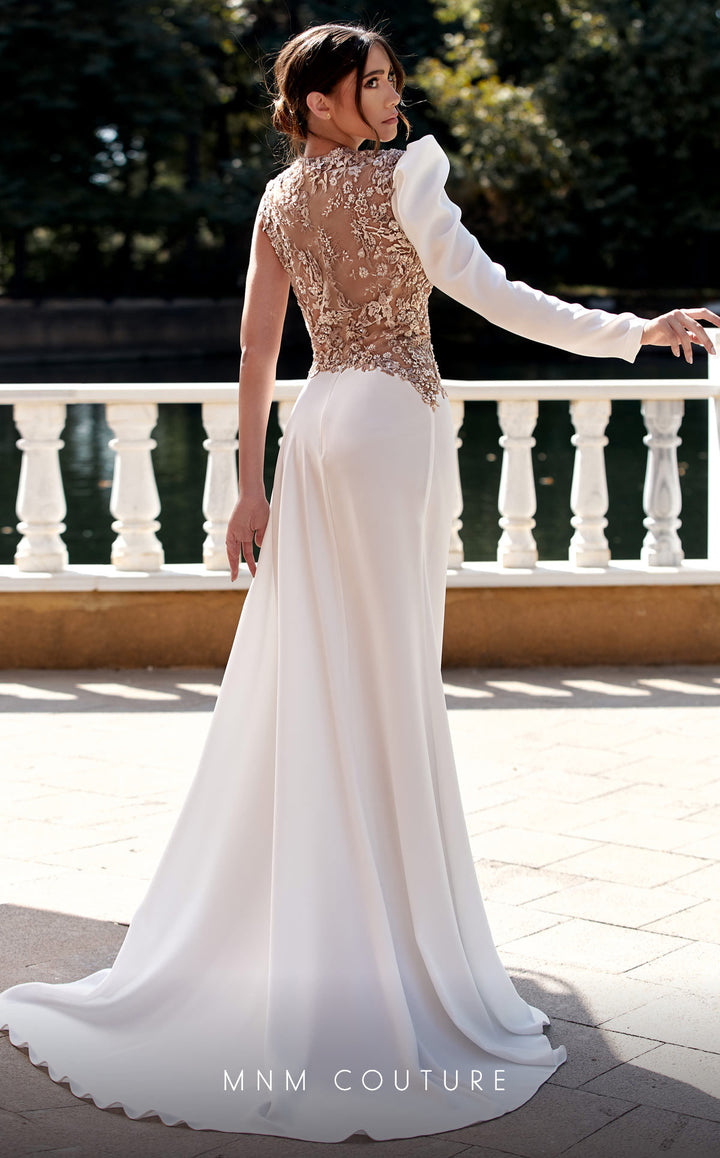 MNM Couture K3939 One Sleeve Embroidered Illusion Trumpet Evening Gown