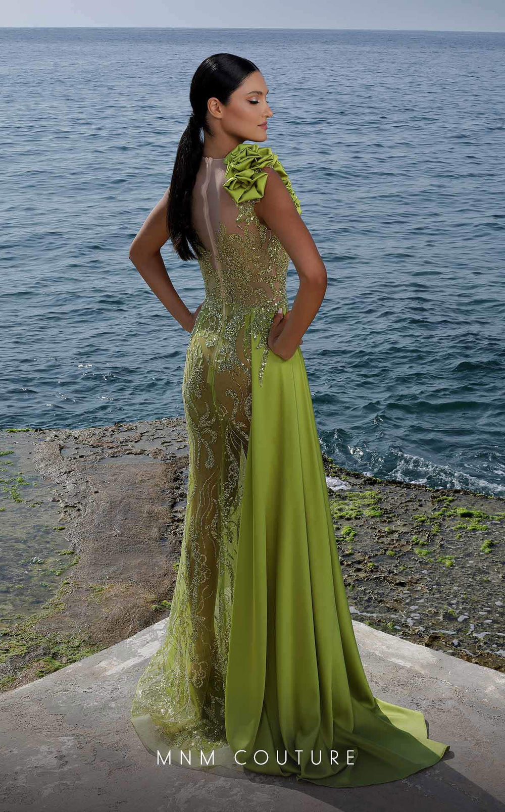 MNM Couture K3994 Illusion High Neck Beaded Side Cascade Column Evening Gown