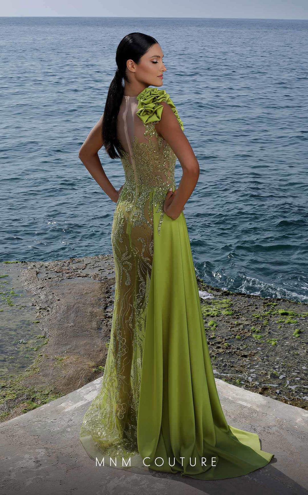 MNM Couture K3994 Illusion High Neck Beaded Side Cascade Column Evening Gown