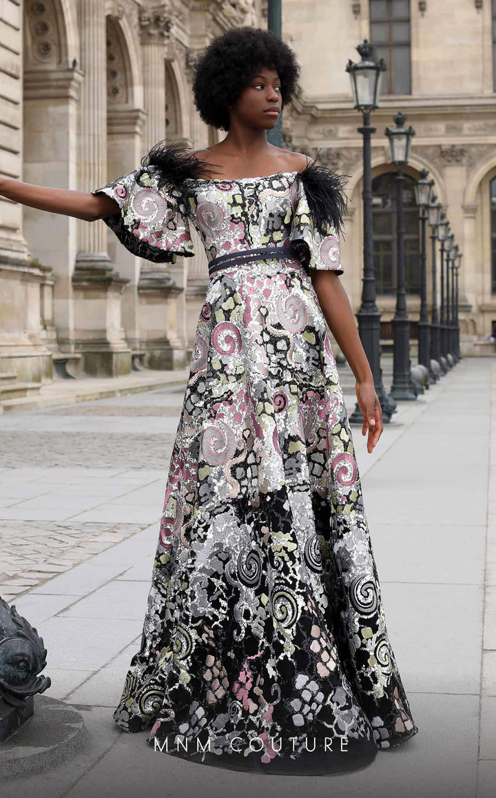 MNM Couture K4058 Off-the-Shoulder Feather Trim Sequin Ball Gown