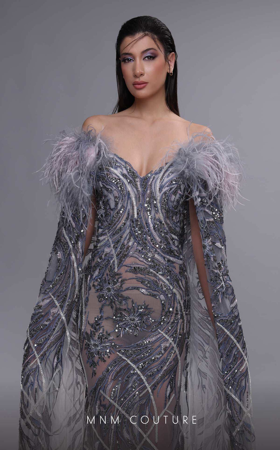 MNM Couture K4097 Off-the-Shoulder Feather Cape Sleeve Beaded Mermaid Evening Gown