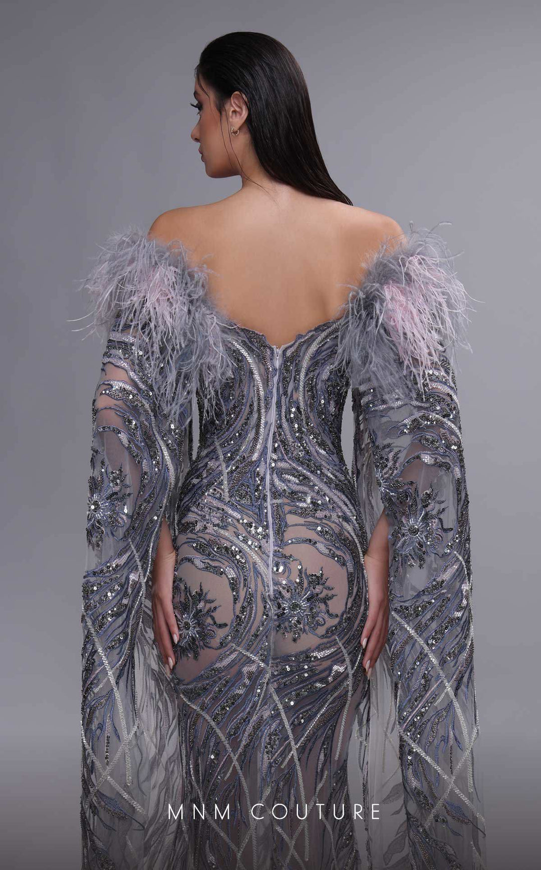 MNM Couture K4097 Off-the-Shoulder Feather Cape Sleeve Beaded Mermaid Evening Gown