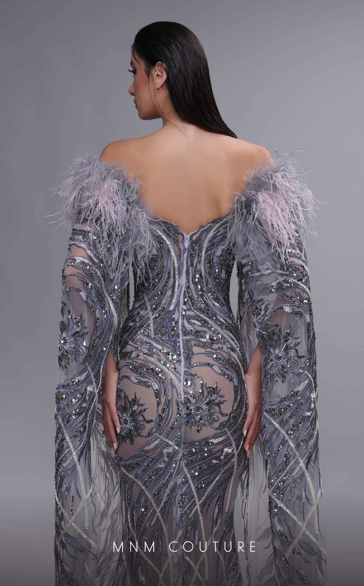 MNM Couture K4097 Off-the-Shoulder Feather Cape Sleeve Beaded Mermaid Evening Gown