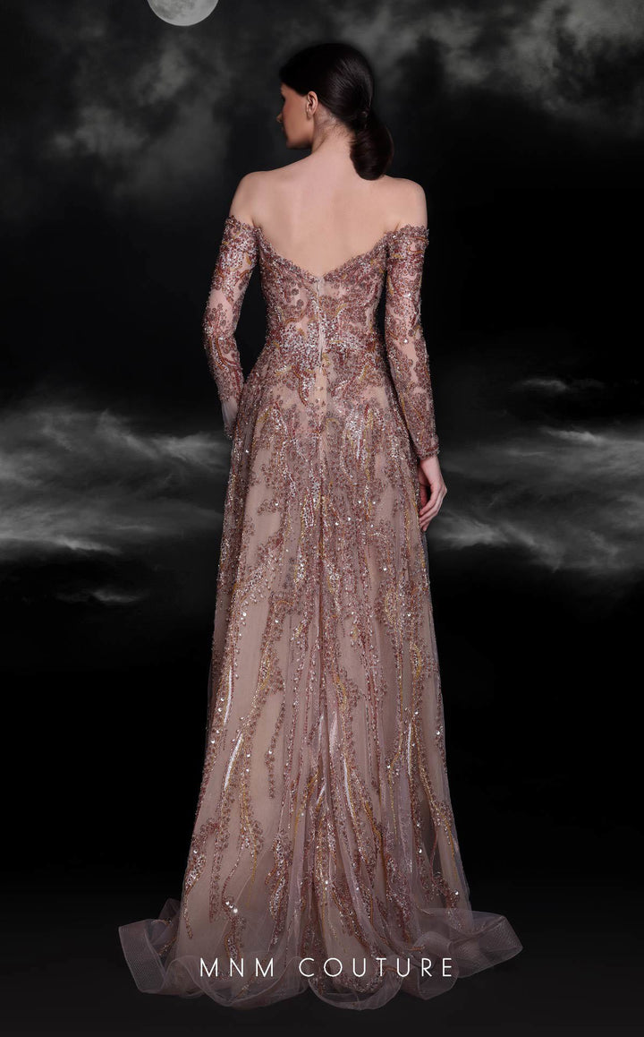 MNM Couture K4121 Off-the-Shoulder Long Sleeve Sequin Column Evening Gown