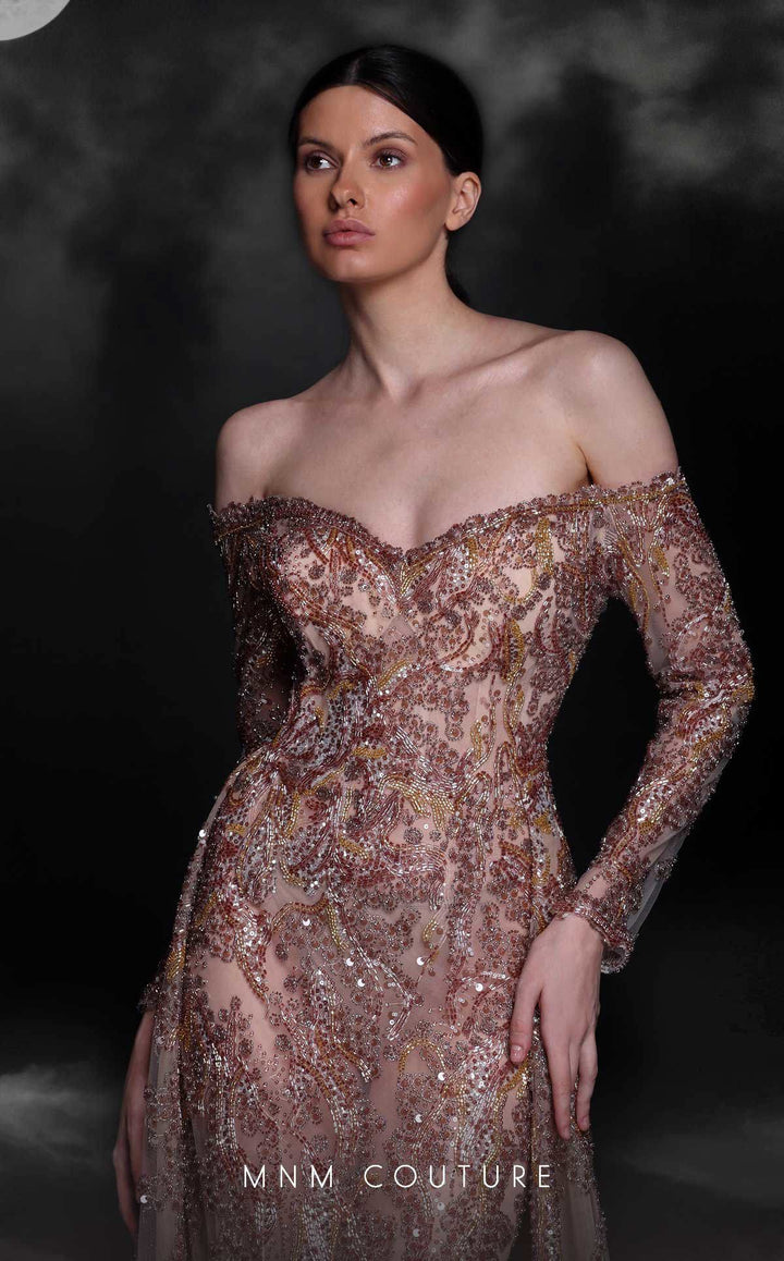 MNM Couture K4121 Off-the-Shoulder Long Sleeve Sequin Column Evening Gown