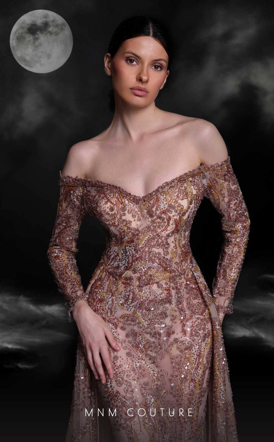 MNM Couture K4121 Off-the-Shoulder Long Sleeve Sequin Column Evening Gown