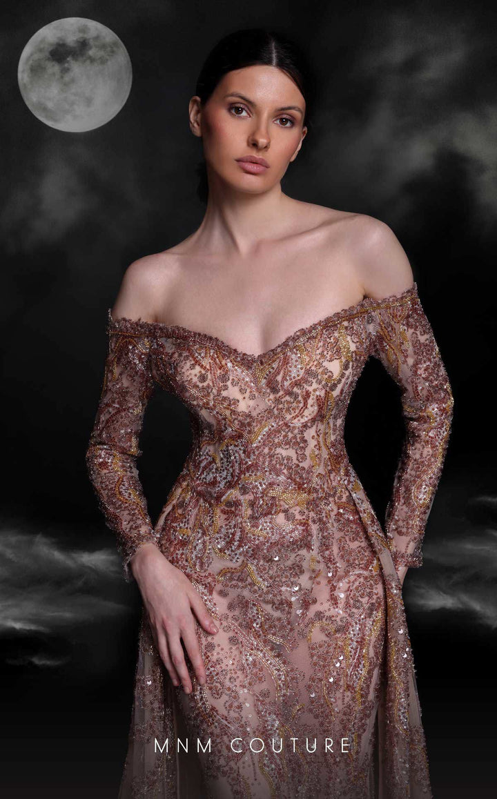 MNM Couture K4121 Off-the-Shoulder Long Sleeve Sequin Column Evening Gown