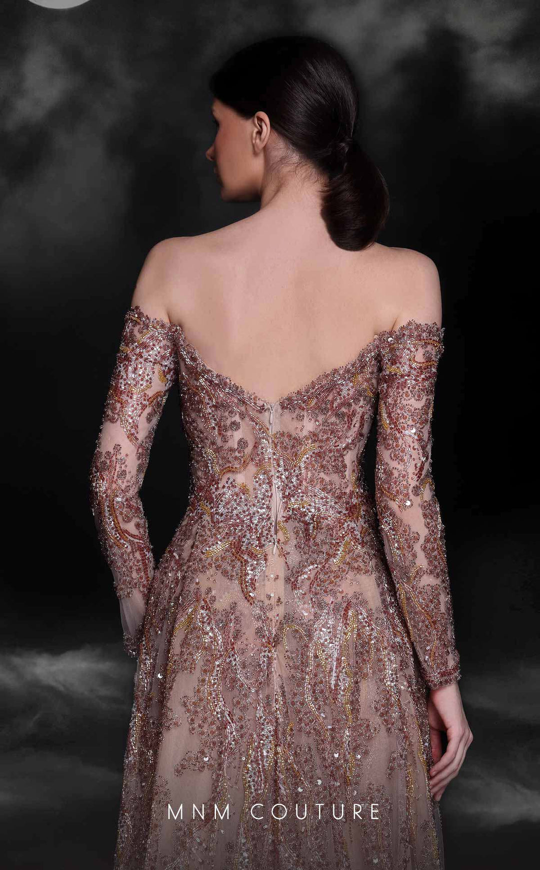 MNM Couture K4121 Off-the-Shoulder Long Sleeve Sequin Column Evening Gown