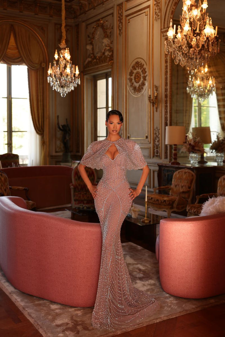 Chic & Holland HF110607 Sweetheart Keyhole Bodice Linear Beaded Capelet Sheath Couture Dress