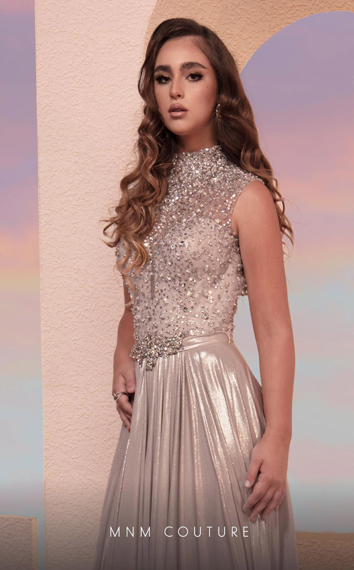 MNM Couture M0087 High Neck Beaded Bodice Belted A-Line Evening Gown