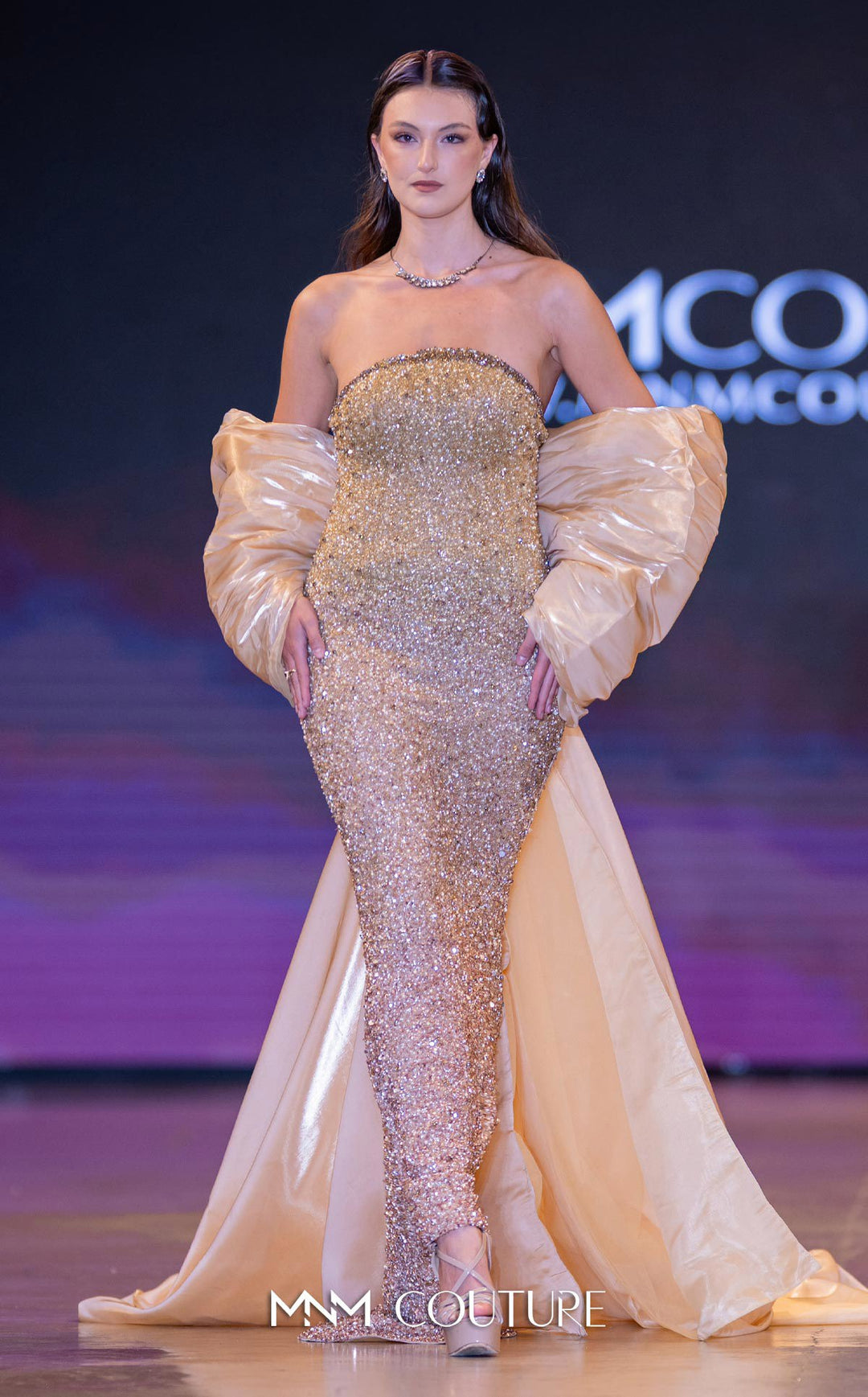 MNM Couture M1010 Strapless Beaded Column Evening Gown with Removable Cape