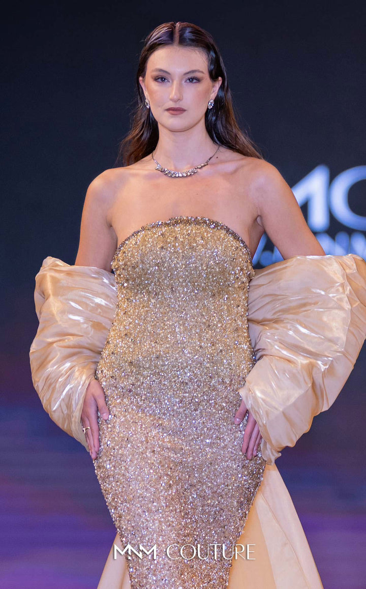 MNM Couture M1010 Strapless Beaded Column Evening Gown with Removable Cape