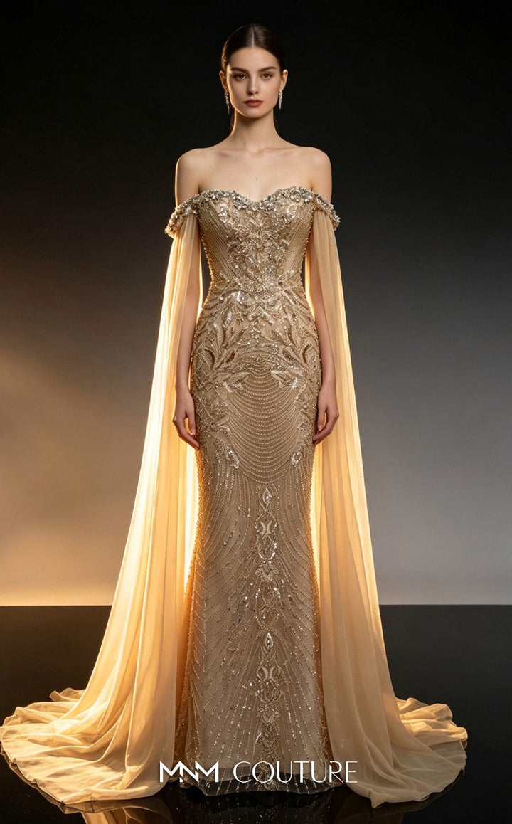 MNM Couture M1315 Sweetheart Sleeve Train Beaded Couture Gown
