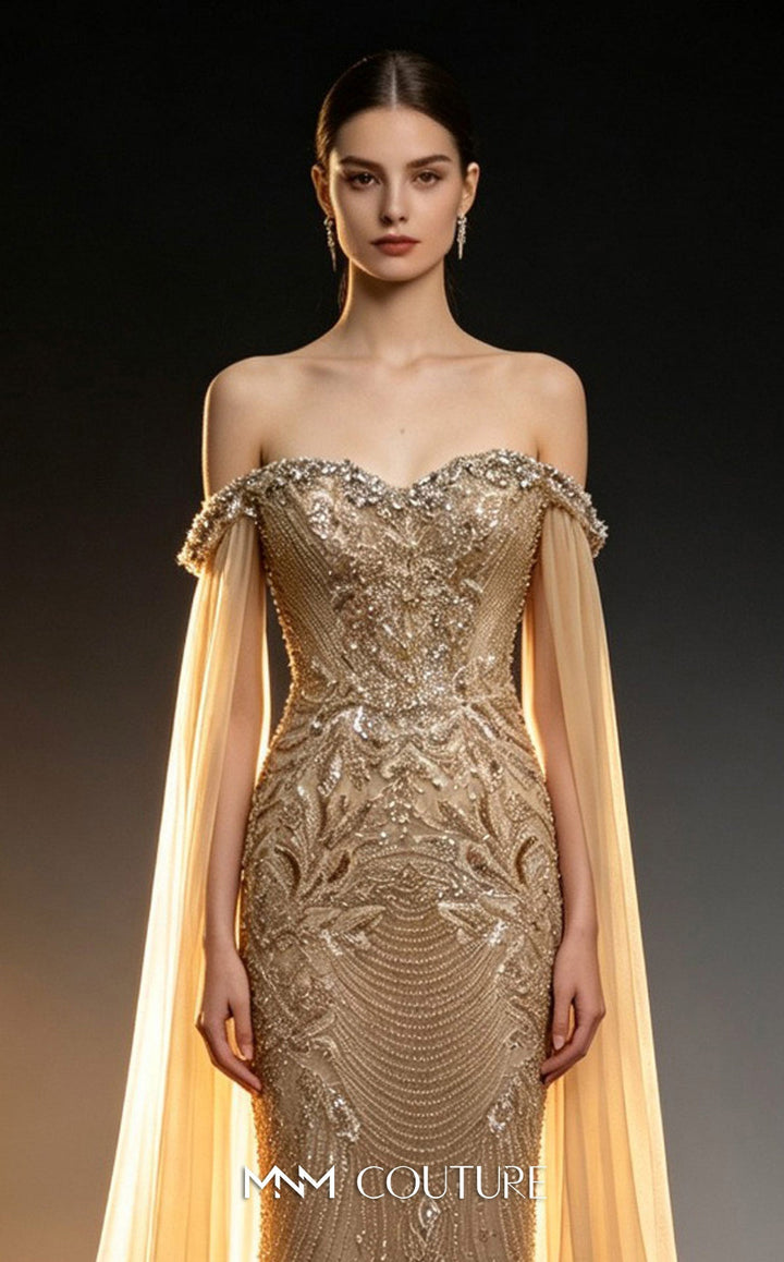 MNM Couture M1315 Sweetheart Sleeve Train Beaded Couture Gown