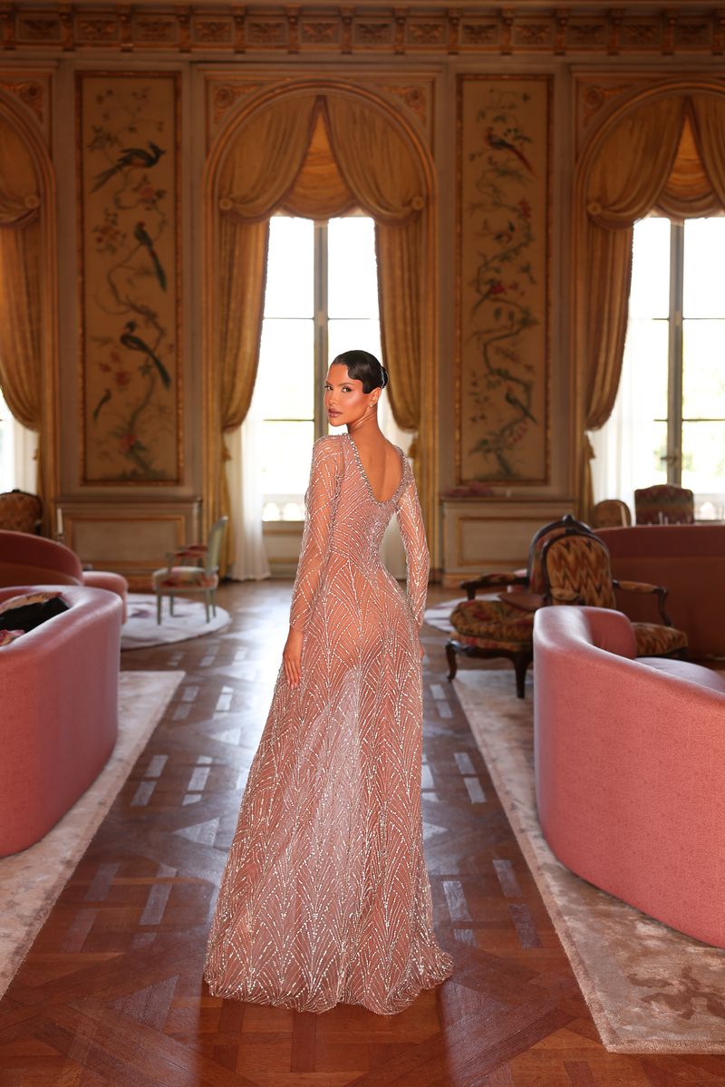 Chic & Holland HF110612 Plunging V Neck Long Sleeves Geometric Chevron Beaded A Line Couture Dress