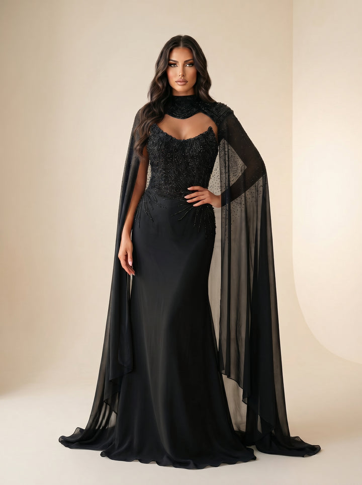 Modessa Couture MO26705 High Neck Sheer Cape Sleeves Structured Bodice Dress