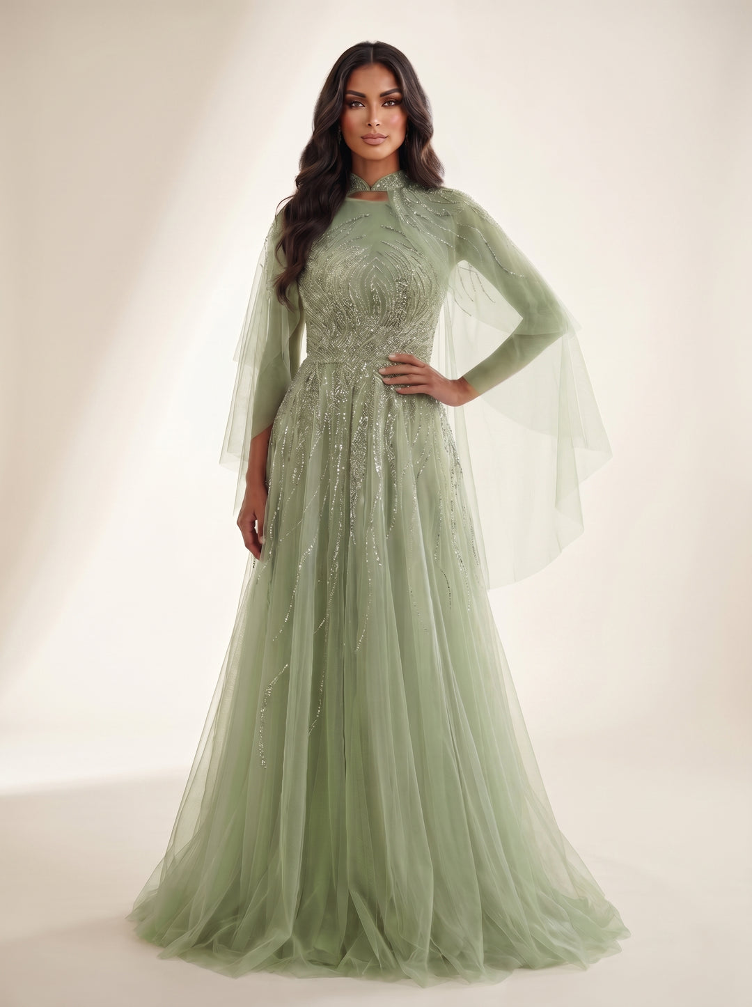 Modessa Couture M26708 High Neck Long Sleeve Embellished Bodice Dress