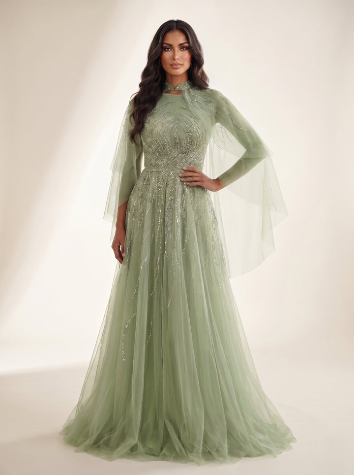 Modessa Couture M26708 High Neck Long Sleeve Embellished Bodice Dress