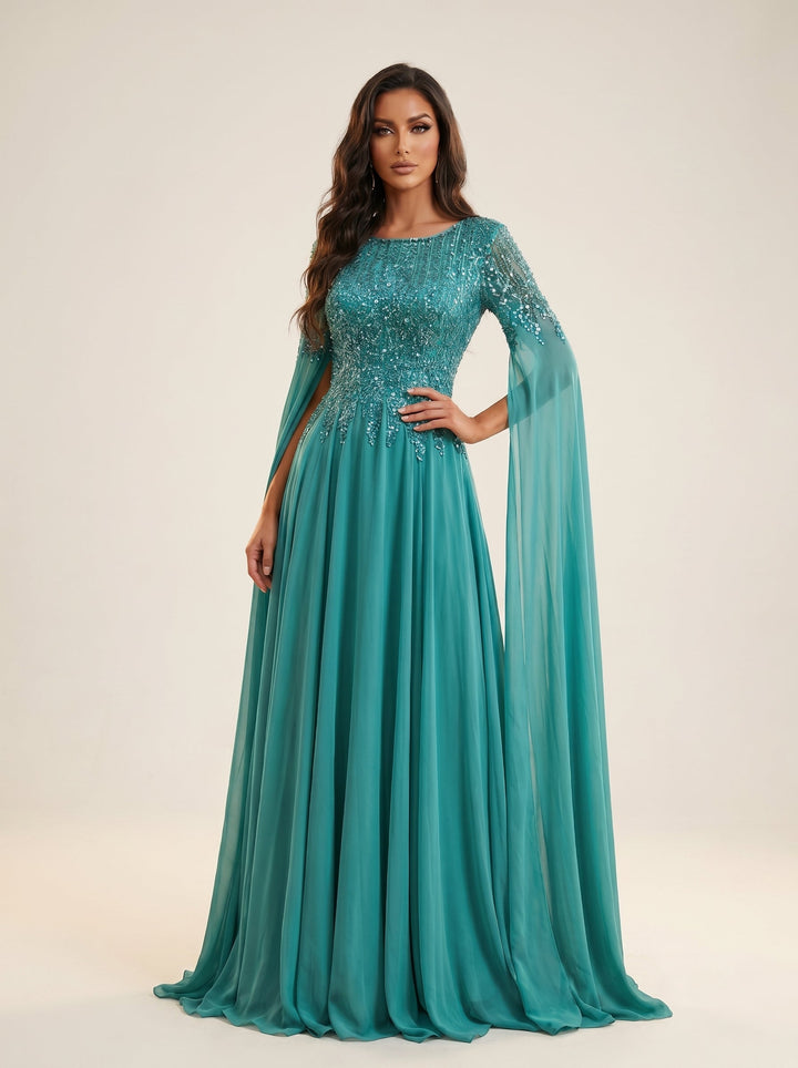 Modessa Couture MO26711 cape sleeve a-line evening gown front view