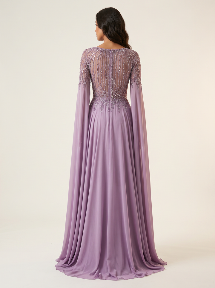 Modessa Couture MO26711 cape sleeve a-line evening gown back view