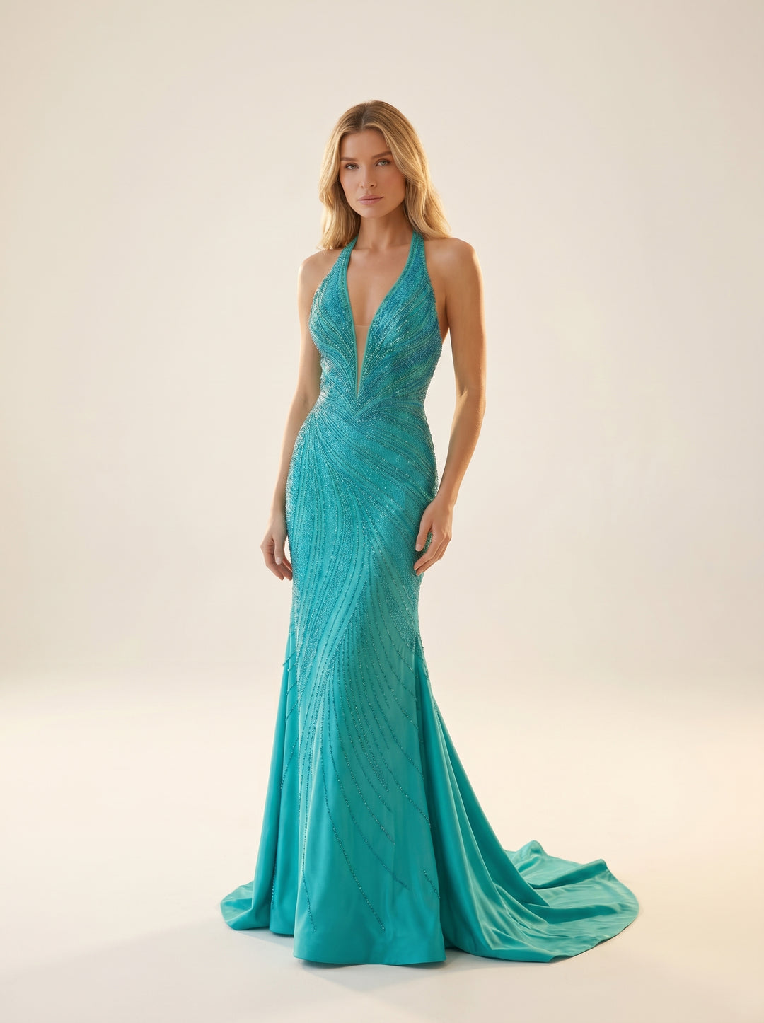 Modessa Couture M26723 Plunging Halter Neckline Sleeveless Beaded Dress