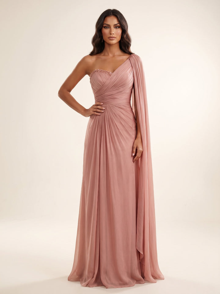 Modessa Couture MO26730 one-shoulder cape evening gown front view